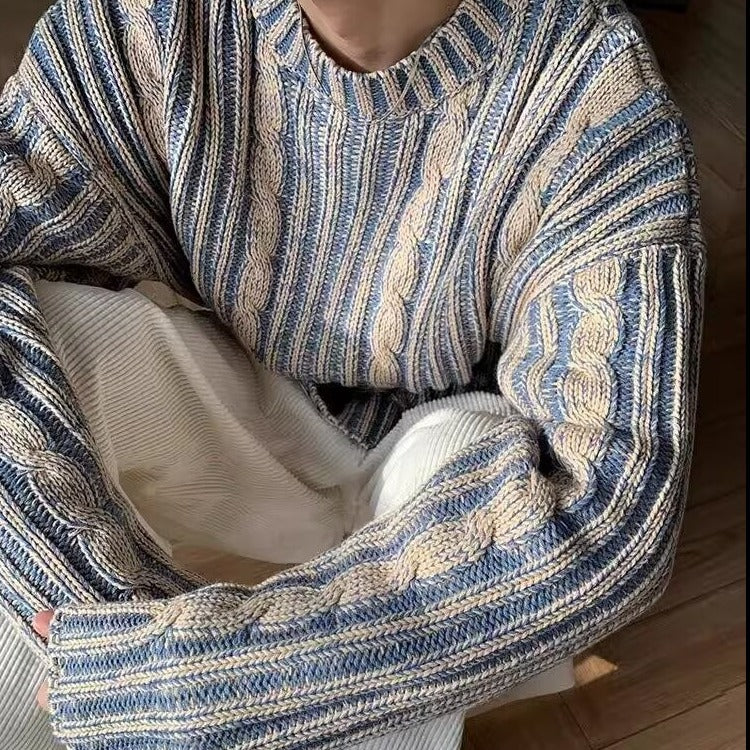 Men's Retro Striped Round Neck Knitted Pullover Sweater