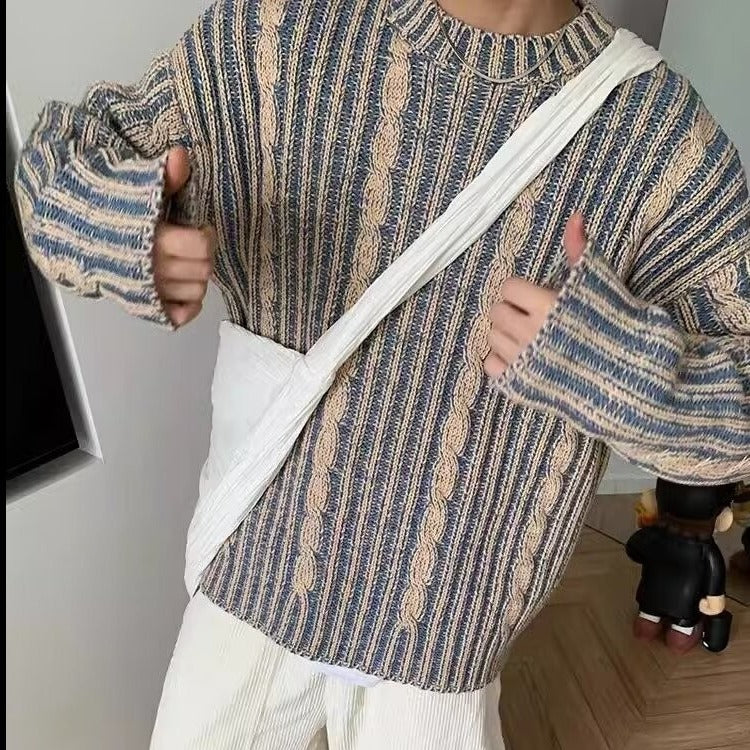 Men's Retro Striped Round Neck Knitted Pullover Sweater