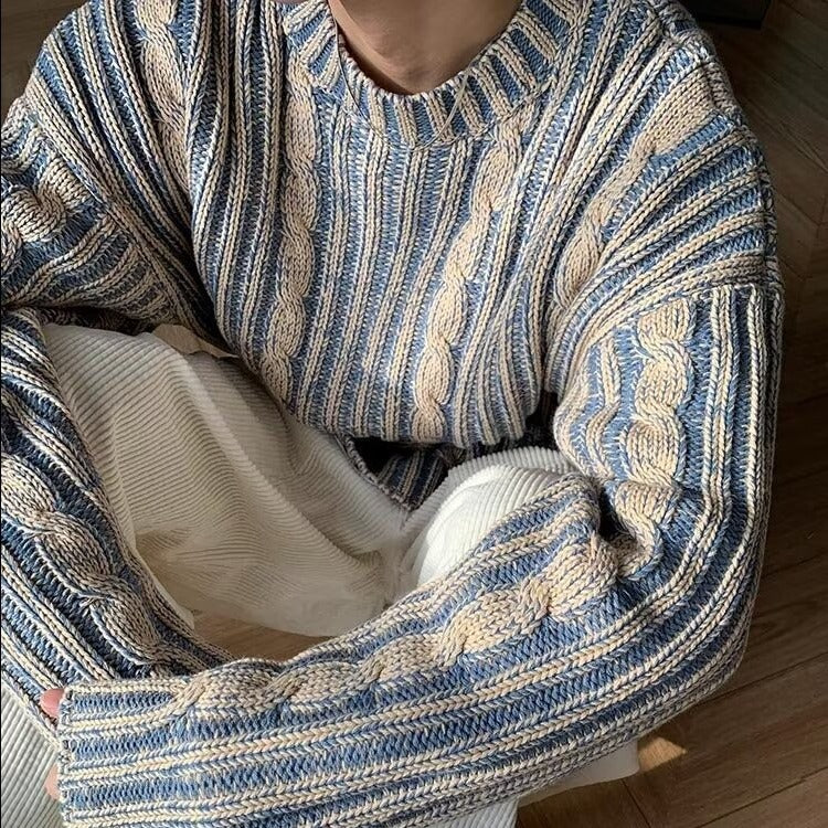 Men's Retro Striped Round Neck Knitted Pullover Sweater